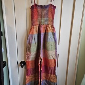 Anthropologie DRA Los Angelos Plaid Colorblock Jumpsuit with Smocked Bodice